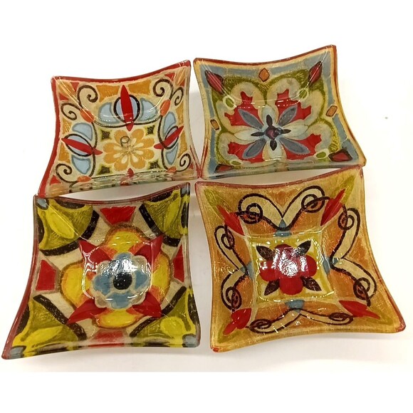Primo  Set Of 4 Colorful Boho Floral 5"Glass Square Nut Candy Trinket Bowls New - Picture 2 of 6